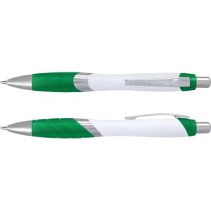 A white pen with green accents and a silver clip, featuring a textured grip and a logo.