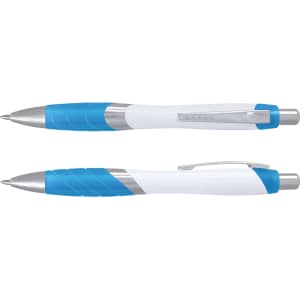 A plastic pen with a white barrel and blue grip, featuring a silver clip and accents. Two angles of the pen are visible.