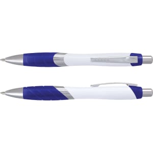 A blue and white plastic pen with a silver clip and grip, featuring a branding logo.