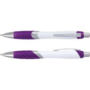 A plastic pen with a white barrel and a purple grip, featuring a shiny silver clip and tip. It has a branding logo.