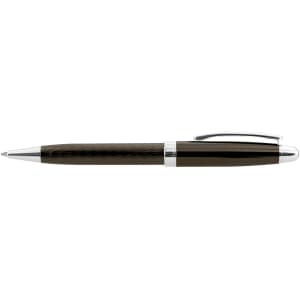 A metal pen in black and chrome, featuring a textured grip and a clip, with a branding logo.