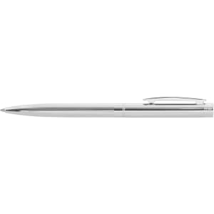 A silver metal pen with a sleek design and a clip, featuring fine detailing along the barrel.