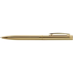 A gold metal pen with a sleek design and a clip, featuring a textured grip and branding.
