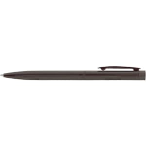 A metal pen in dark grey with a sleek design and a clip, featuring a logo on its body.