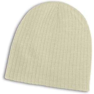 A Nebraska Cable Knit Beanie in a light color, featuring a ribbed texture.