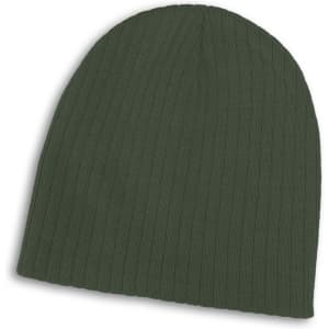 A dark green cable knit beanie with a ribbed texture and a logo.