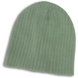 A Nebraska Cable Knit Beanie in a soft green color, featuring a ribbed texture.