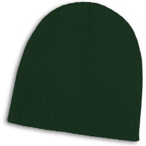 A green cable knit beanie with a ribbed texture and a logo.