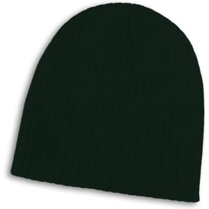 A black cable knit beanie with a ribbed texture and a simple design. It features a logo.
