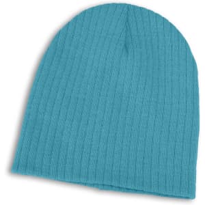 A Nebraska Cable Knit Beanie in a vibrant turquoise color, featuring a ribbed texture.