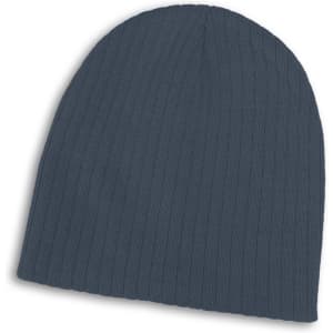 A grey cable knit beanie featuring a ribbed design and a rounded crown. It includes branding on the inside.