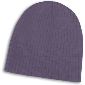 A purple cable knit beanie with a ribbed texture and a rounded top. It features a logo.