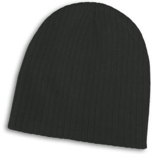 A black cable knit beanie with a ribbed texture and a branding logo.