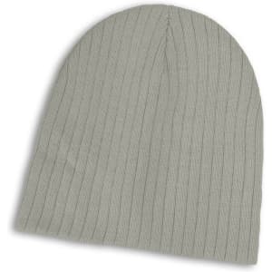 A cable knit beanie in a soft green shade, featuring a ribbed texture.