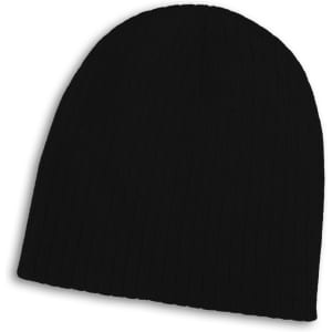 A black cable knit beanie with a ribbed texture and a logo.