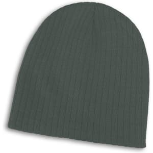 A grey cable knit beanie with a ribbed texture, featuring a logo or branding on the side.