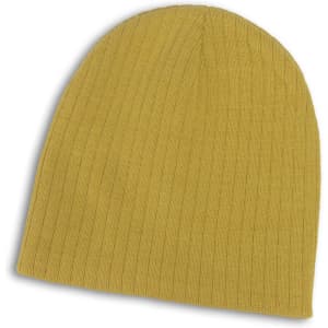 A Nebraska Cable Knit Beanie in a vibrant mustard yellow color, featuring a textured knit design.
