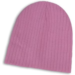 A pink cable knit beanie with a ribbed texture.