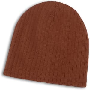 A Nebraska Cable Knit Beanie in a rich brown color with a ribbed texture.