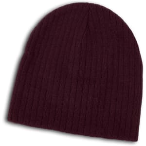 A Nebraska Cable Knit Beanie in a rich burgundy color, featuring a ribbed texture.