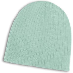 A light mint green cable knit beanie with a ribbed texture.