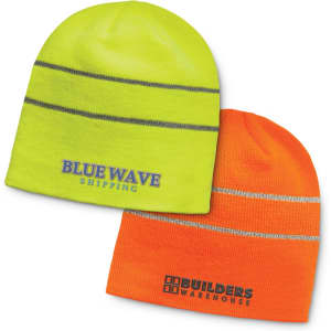 A pair of high-visibility beanies in bright yellow and orange, featuring reflective stripes and logos.