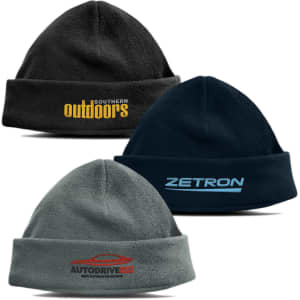 Three polar fleece beanies in grey, navy, and black, each featuring a different logo or branding.