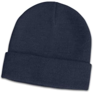 A navy wool blend beanie with a folded cuff and a plain design. It features a logo on one side.