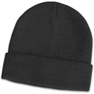 A dark grey wool blend beanie featuring a fold-over cuff and a simple design. It has a logo on the side.