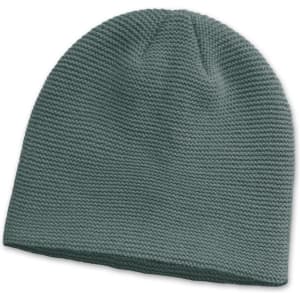 A green knitted beanie with a textured pattern and a logo on the side.