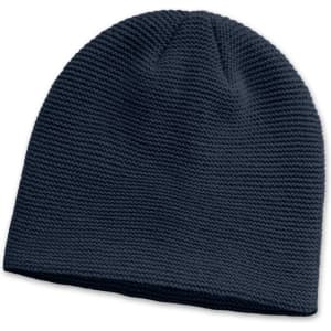 A dark navy knit beanie with a textured pattern, featuring a logo on the side.