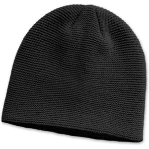 A black knit beanie with a garter stitch pattern and a folded cuff. The beanie has a branding logo.