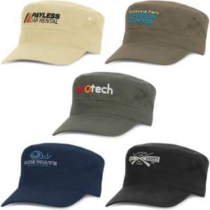 A collection of military style caps in beige, olive green, navy blue, and black with various logos.
