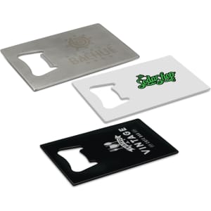A drink bottle opener set featuring a stainless-steel, white, and black design, each with a logo.