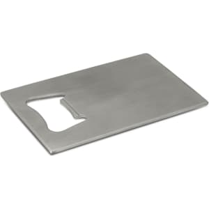 A drink bottle opener with a sleek, silver metallic finish and a rectangular shape, featuring a cut-out handle.