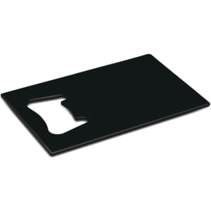 A drink bottle opener in a sleek black design with a rectangular shape and a cut-out for grip.