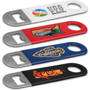 A drink bottle opener set featuring white, red, blue, and black designs, each with unique branding.