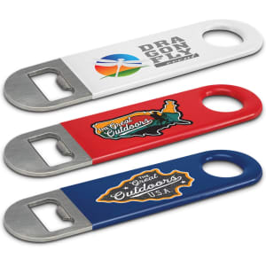 A drink bottle opener set featuring red, white, and blue designs with various logos and branding elements.