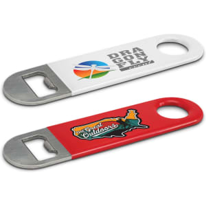 A drink bottle opener in white and red with a metallic opener. Both feature distinct logos.