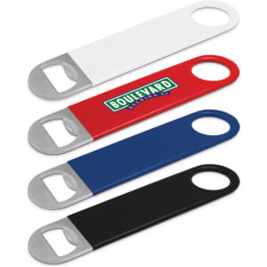 A drink bottle opener in four colours: white, red, blue, and black, with a metal opener end and a logo.