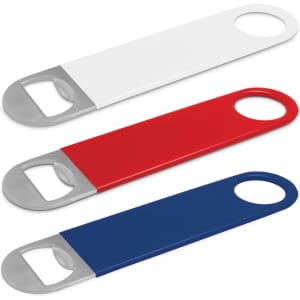 A drink bottle opener in white, red, and blue with a silver metal opening mechanism and a logo.