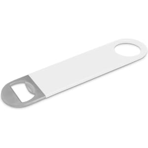 A drink bottle opener in white and grey, featuring a simple, elongated design and a circular hole for easy grip.
