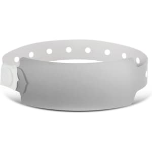 A grey plastic event wristband with a smooth surface and circular cut-outs for adjustment, featuring a logo.