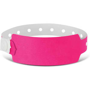 A pink plastic event wristband with a white strap and a fastening button, featuring multiple holes.