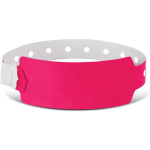 A pink plastic event wristband with a white adjustable strap and a snap closure, suitable for exhibitions and events.