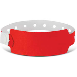 A red plastic event wristband with a white adjustable strap and a locking mechanism.
