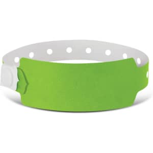 A bright green plastic event wristband with a secure fastener and multiple holes for size adjustment.