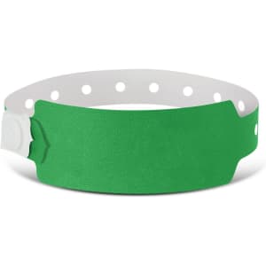 A green plastic event wristband featuring a secure snap closure and multiple perforations for adjustable fit.