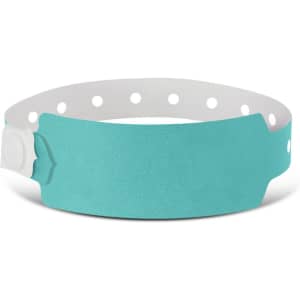 A turquoise plastic event wristband with a white strap and circular holes for fastening. It features a logo on one side.