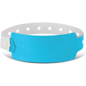 A plastic event wristband in bright blue, featuring a secure snap closure and multiple holes for adjustable sizing.